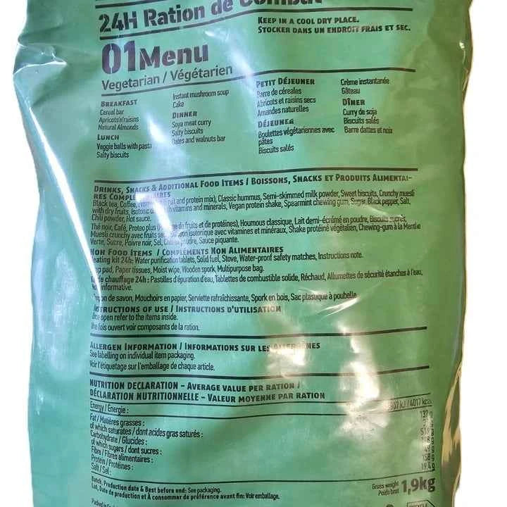 Bolsa verde de ración 24 h con menú 01 vegetariano impreso