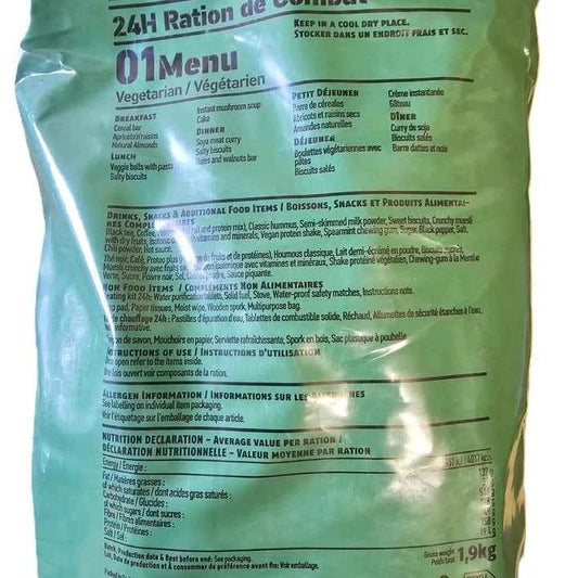 Bolsa verde de ración 24 h con menú 01 vegetariano impreso