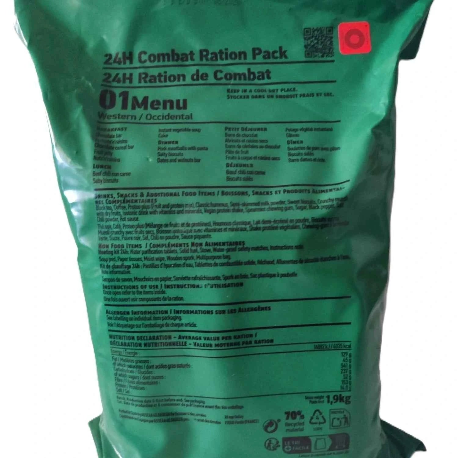 Bolsa verde de ración 24 h con menú 01 Occidental e info nutricional