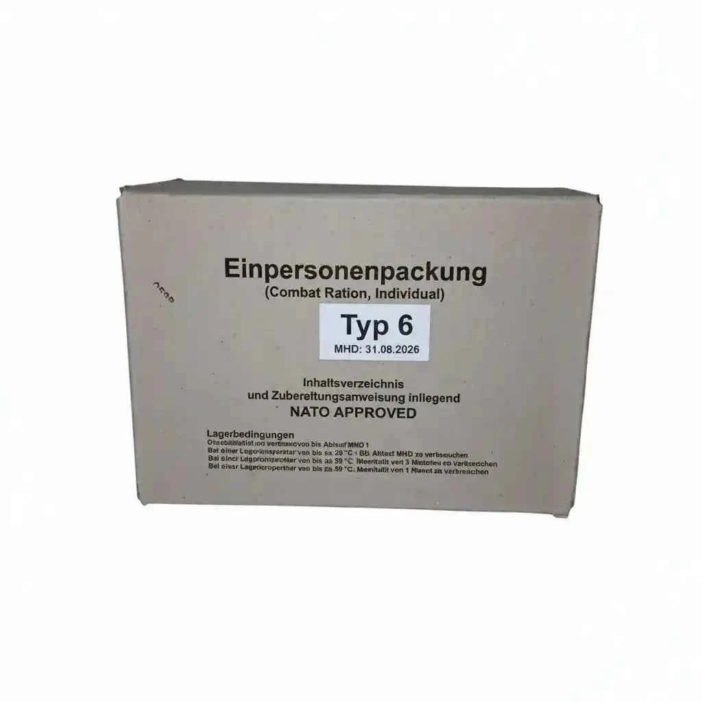 Caja de ración individual Tipo 6, empaque beige con texto impreso